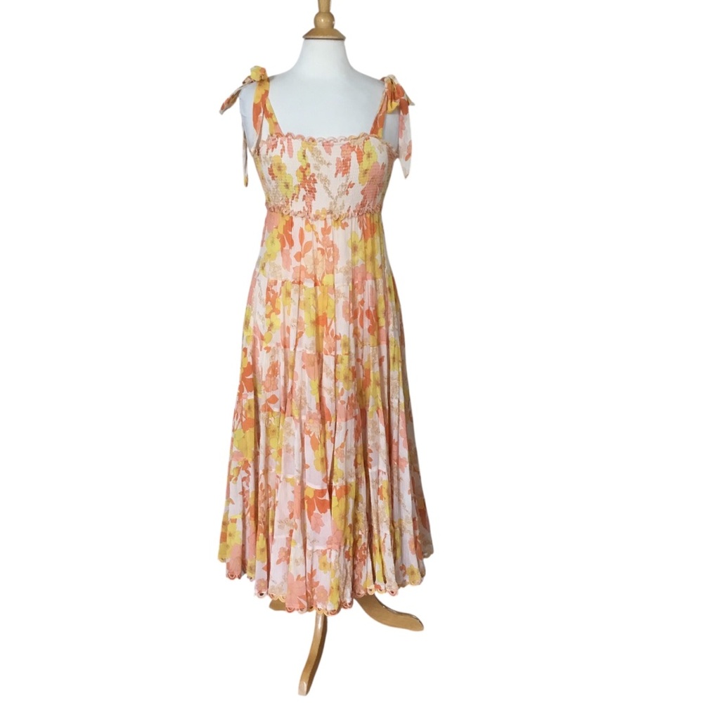 Zimmermann Primrose Crinkle Tie Midi Dress Marigold Floral